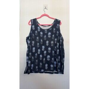 Woman Within Navy Blue Pineapple Print Summer Sleeveless Blouse Plus Size 1X